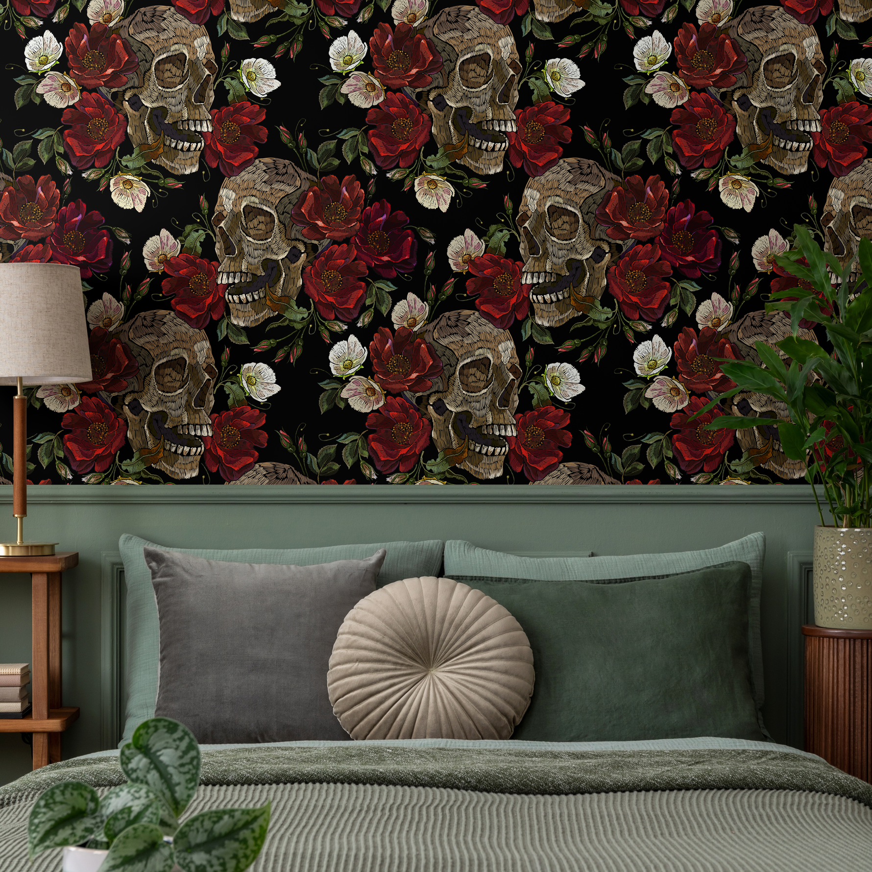 Dark Floral and Skull Wallpaper Maximalist Wallpaper Peel and Stick and Traditional Wallpaper - D905 - ONDECOR.COM