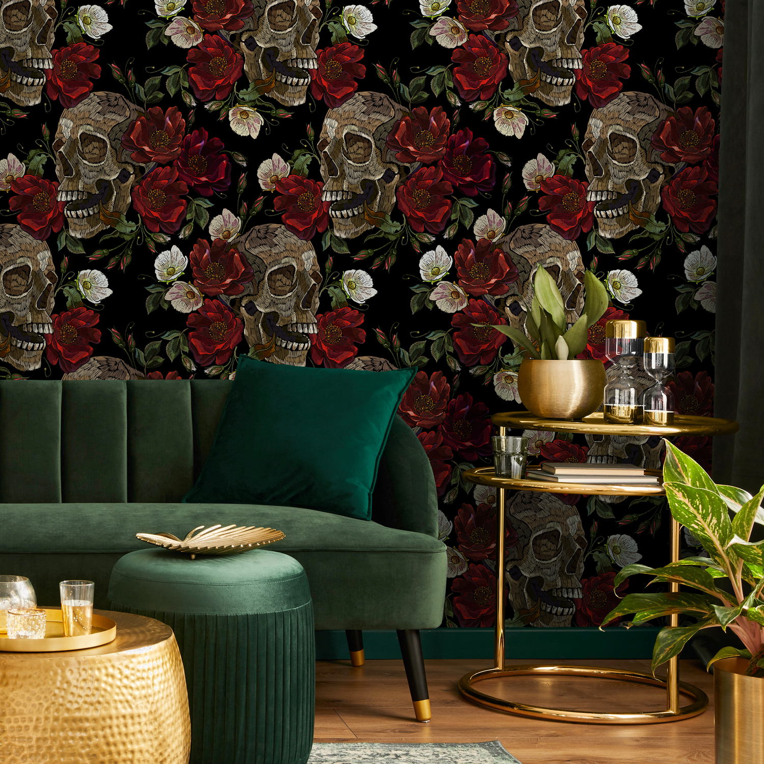 Dark Floral and Skull Wallpaper Maximalist Wallpaper Peel and Stick and Traditional Wallpaper - D905 - ONDECOR.COM