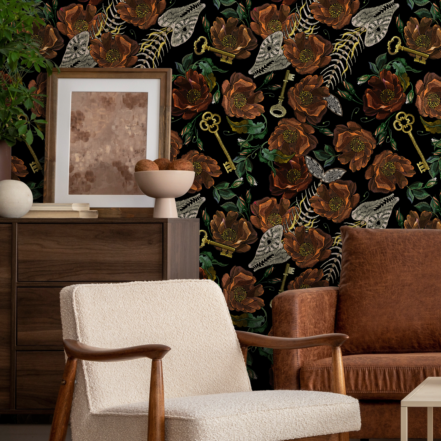 Whimsical Floral Wallpaper Fish Skeleton Wallpaper Peel and Stick and Traditional Wallpaper - D919 - ONDECOR.COM