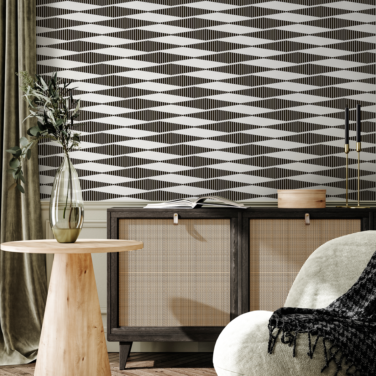 Geometric Wallpaper with an Optical Wave Motif in Black and White - detail view