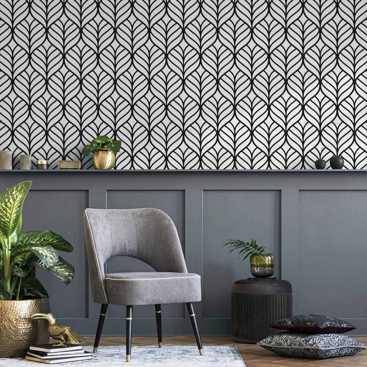 Geometric Wallpaper in Black and White - detail view