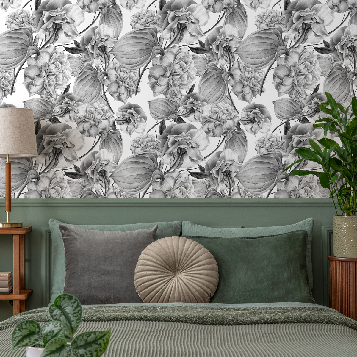 Botanical Wallpaper with a Floral Sketch in Grayscale - detail view