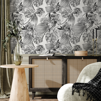 Papier peint amovible, papier peint autocollant, papier peint mural - Papier peint tropical en niveaux de gris - D973