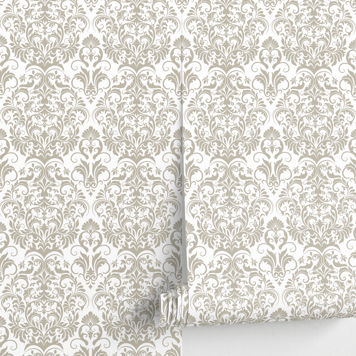 Damask Wallpaper with a Classic Victorian Motif in Neutral Beige - detail view