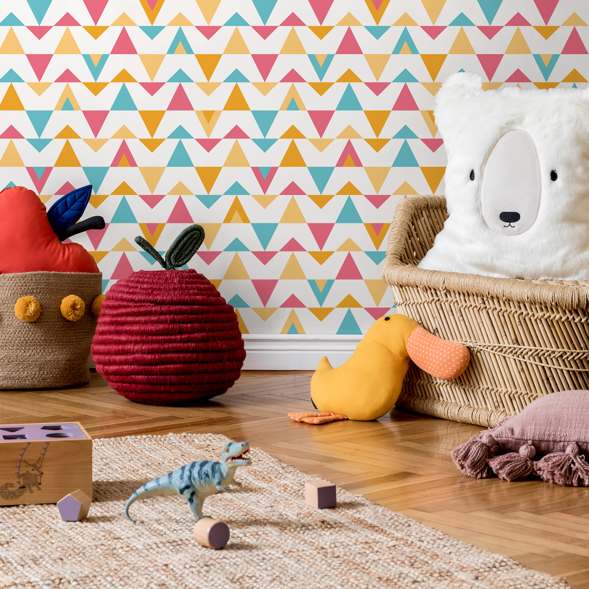Geometric Wallpaper with a Triangle Pattern in Yellow, Pink, and Blue - detail view