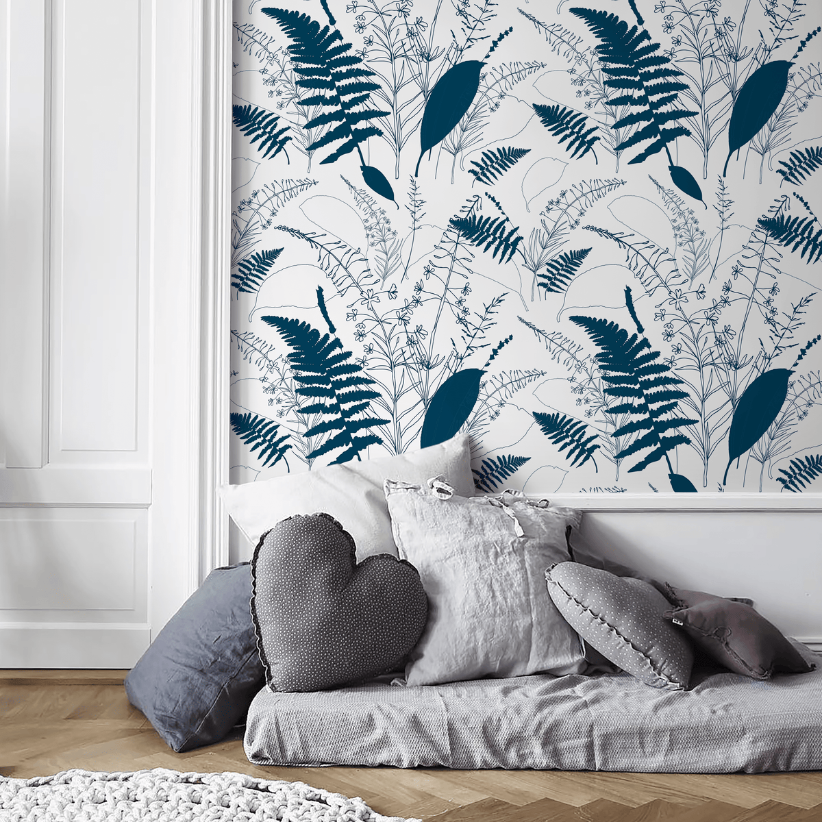 Botanical Wallpaper with a Wildflower and Fern Motif in Navy Blue - detail view