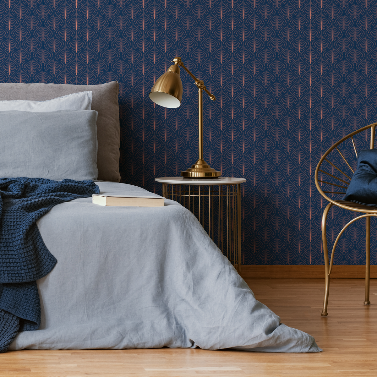 Art Deco Wallpaper with a Geometric Fan Motif in Navy Blue and Coral - detail view