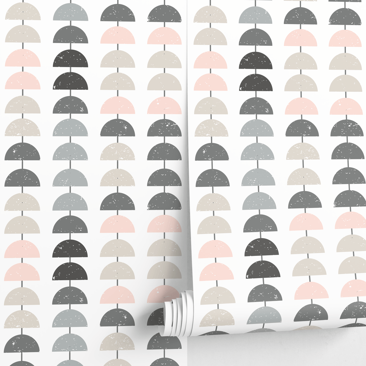 Geometric Wallpaper with a Stacked Semi-Circle Motif in Pink, Gray, and Beige - detail view