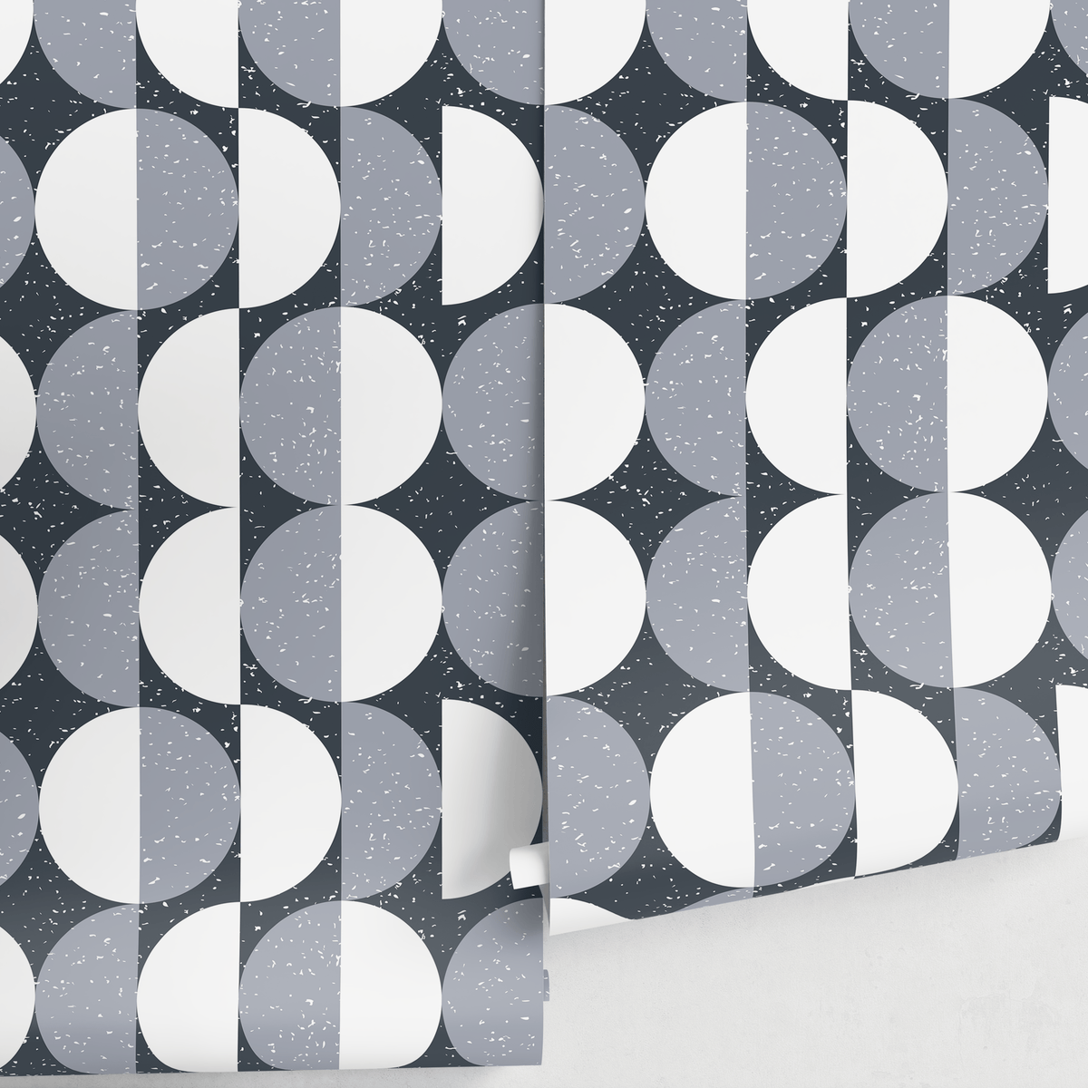 Geometric Wallpaper with a Scandinavian Circle Motif in Pale Slate and White - detail view