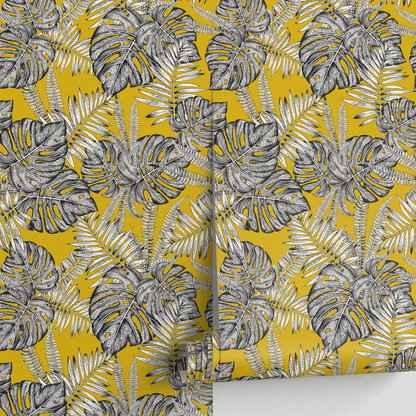 Wallpaper Removable Wallpaper Peel and Stick Wallpaper Wall Decor Home Decor Wall Art Room Decor / Yellow Monstera Leaf Wallpaper - D981