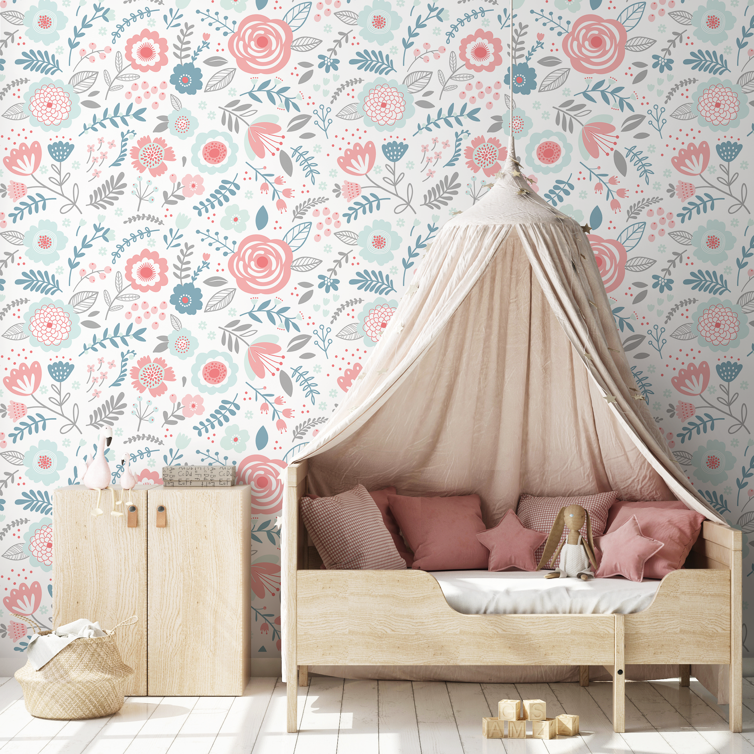 Scandinavian Wallpaper with Stylized Flowers in Pink, Blue, and Grey - D982