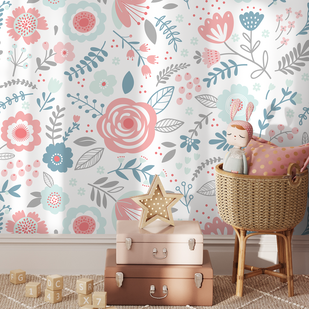 Scandinavian Wallpaper with Stylized Flowers in Pink, Blue, and Grey - detail view