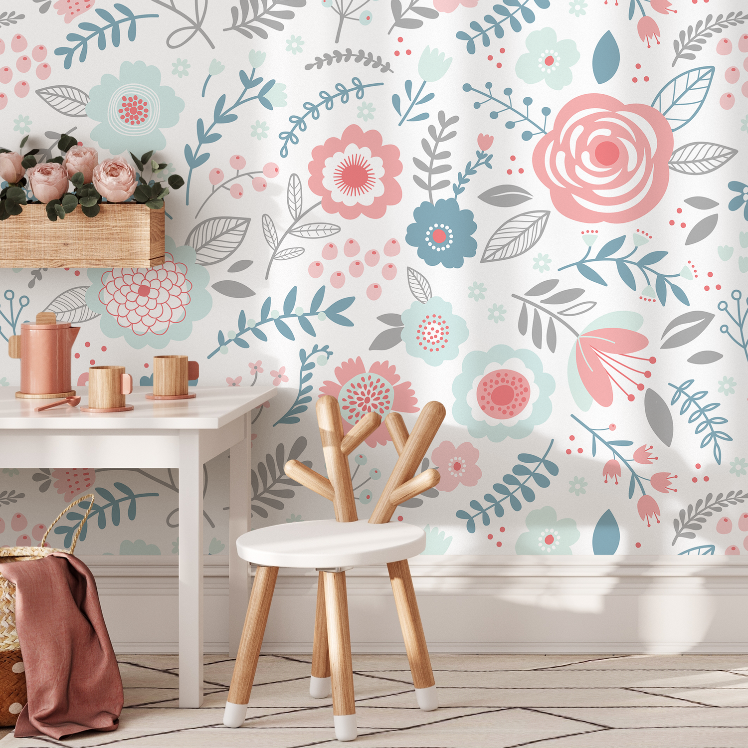 Scandinavian Wallpaper with Stylized Flowers in Pink, Blue, and Grey - D982