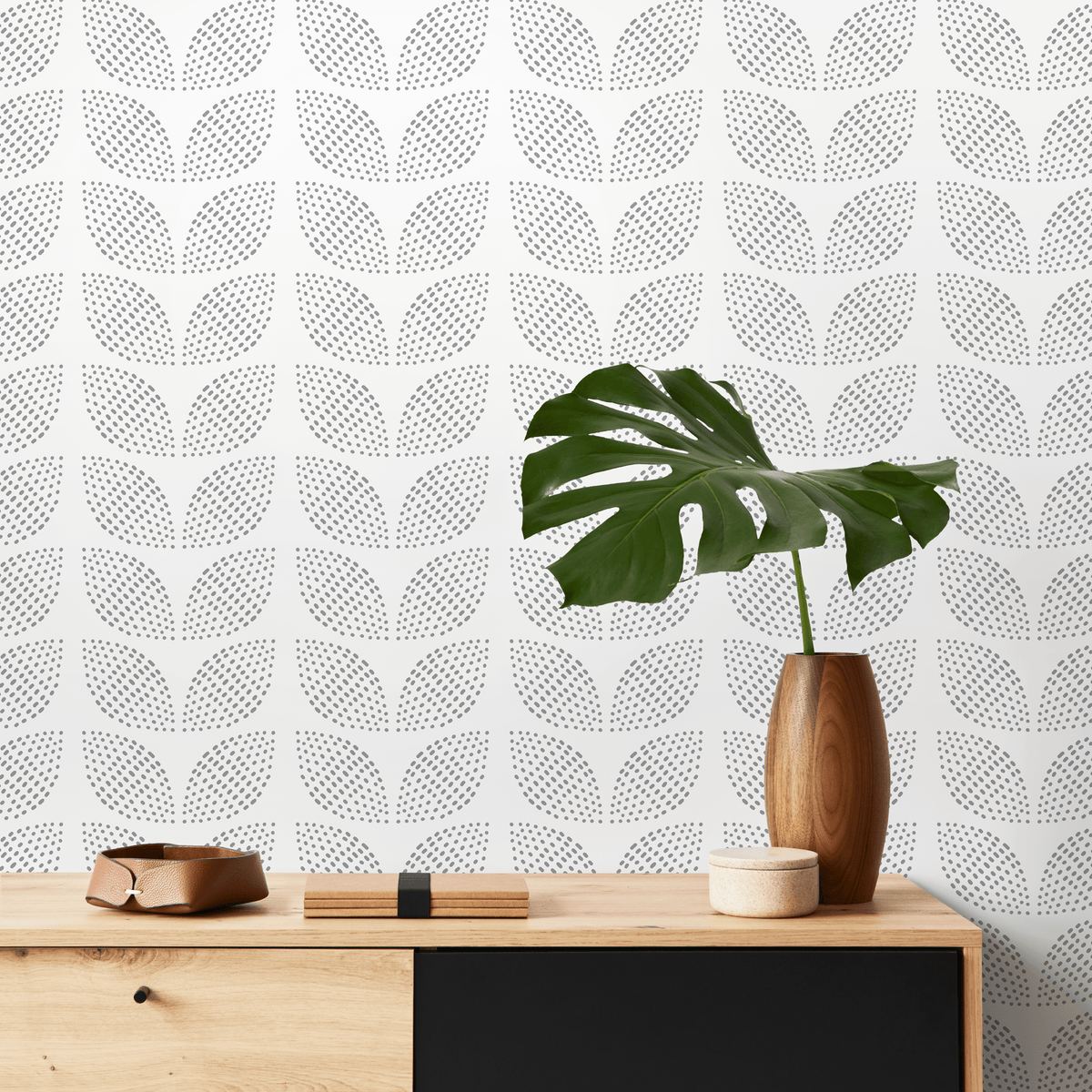 Minimalist Scandinavian Dotted Leaf Wallpaper in Gray - detail view