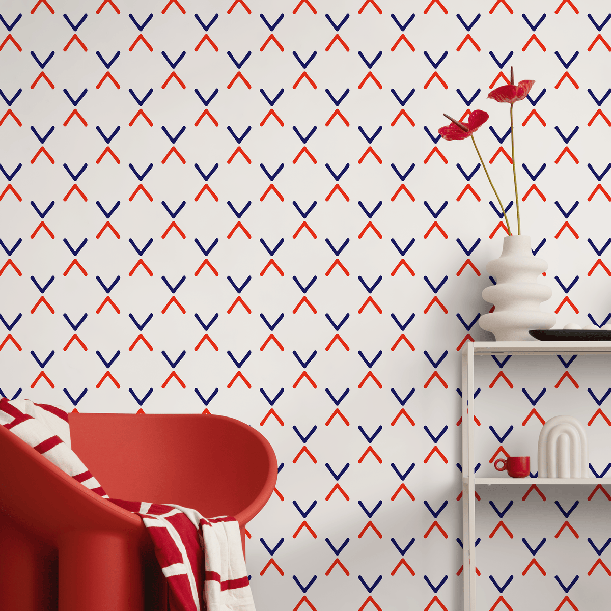 Geometric Wallpaper with a Minimalist Cross Motif in Red and Blue - detail view