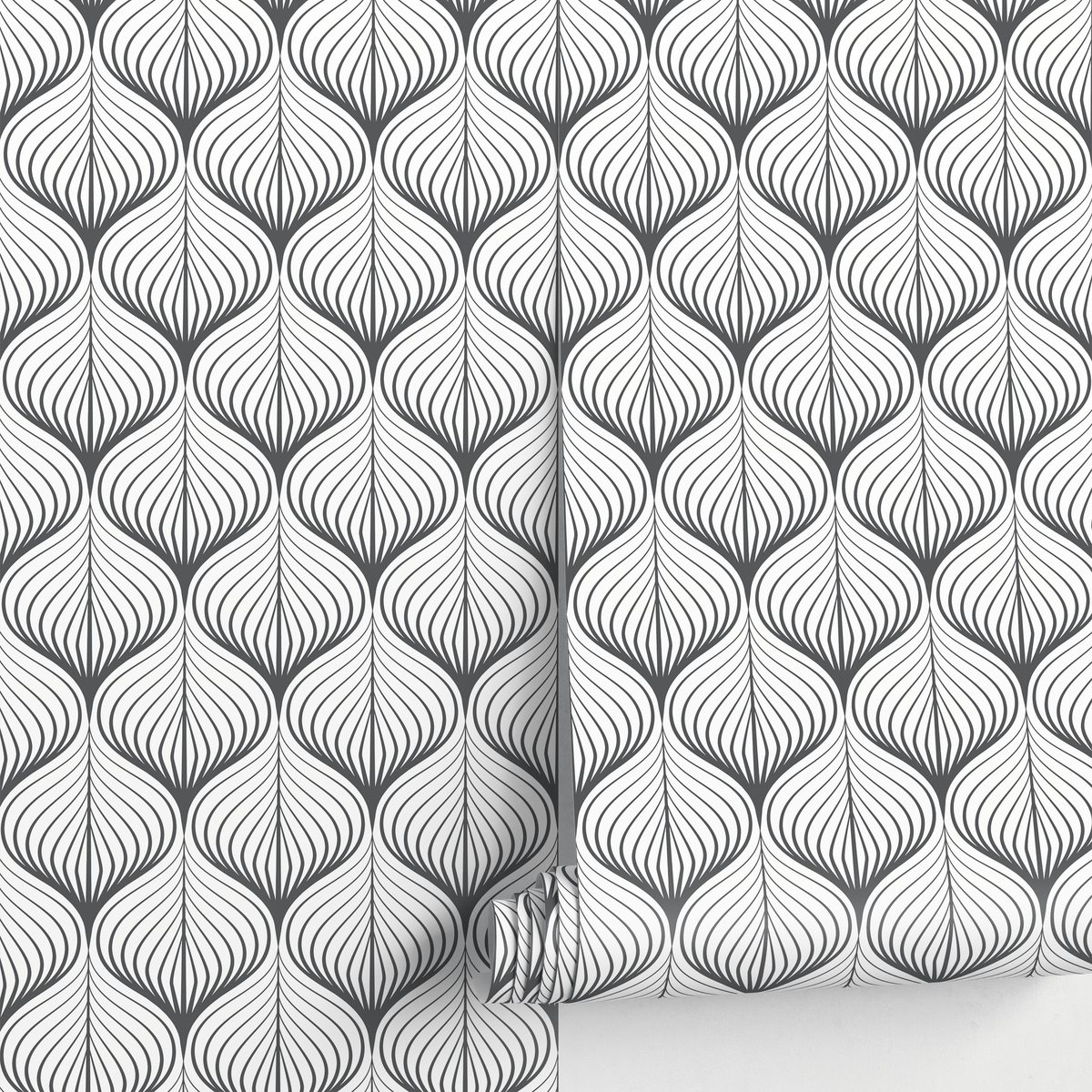 Art Deco Wallpaper with Rhythmic Curving Lines in Gray - detail view