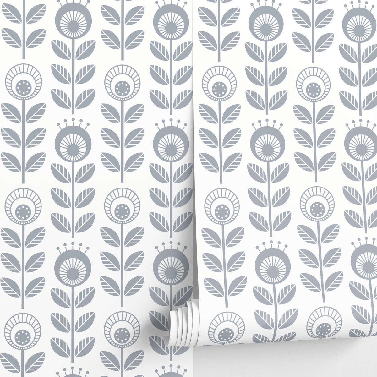 Scandinavian Wallpaper with a Stylized Folk Art Floral Motif in Gray - detail view