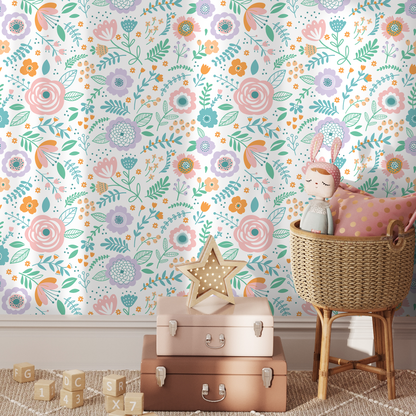 Cheerful Floral Wallpaper - Colorful Flowers, Nursery Decor, Modern Botanical Print, Pastel Design - D990