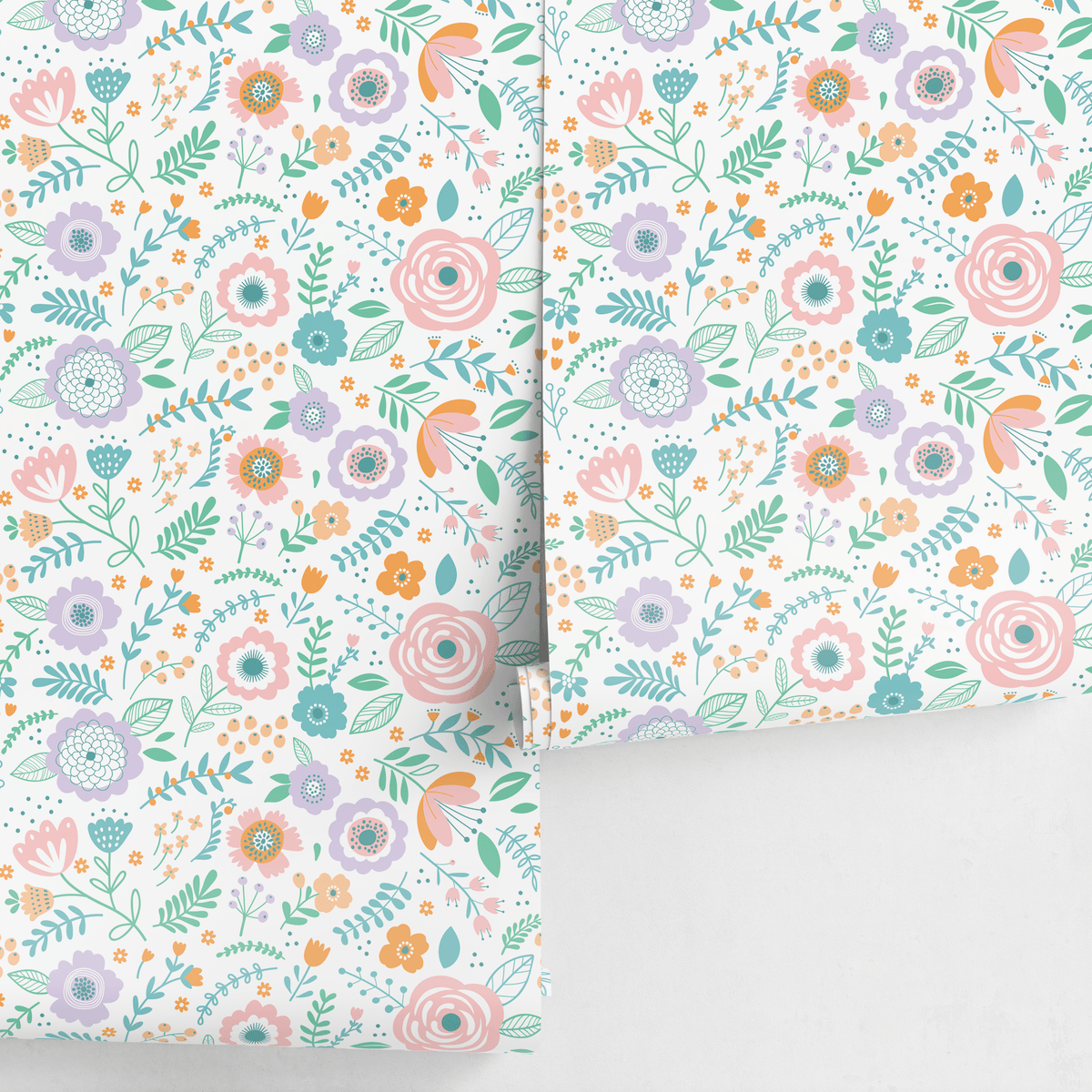 Floral Wallpaper with Stylized Meadow Flowers in Pink, Lavender, and Teal - detail view