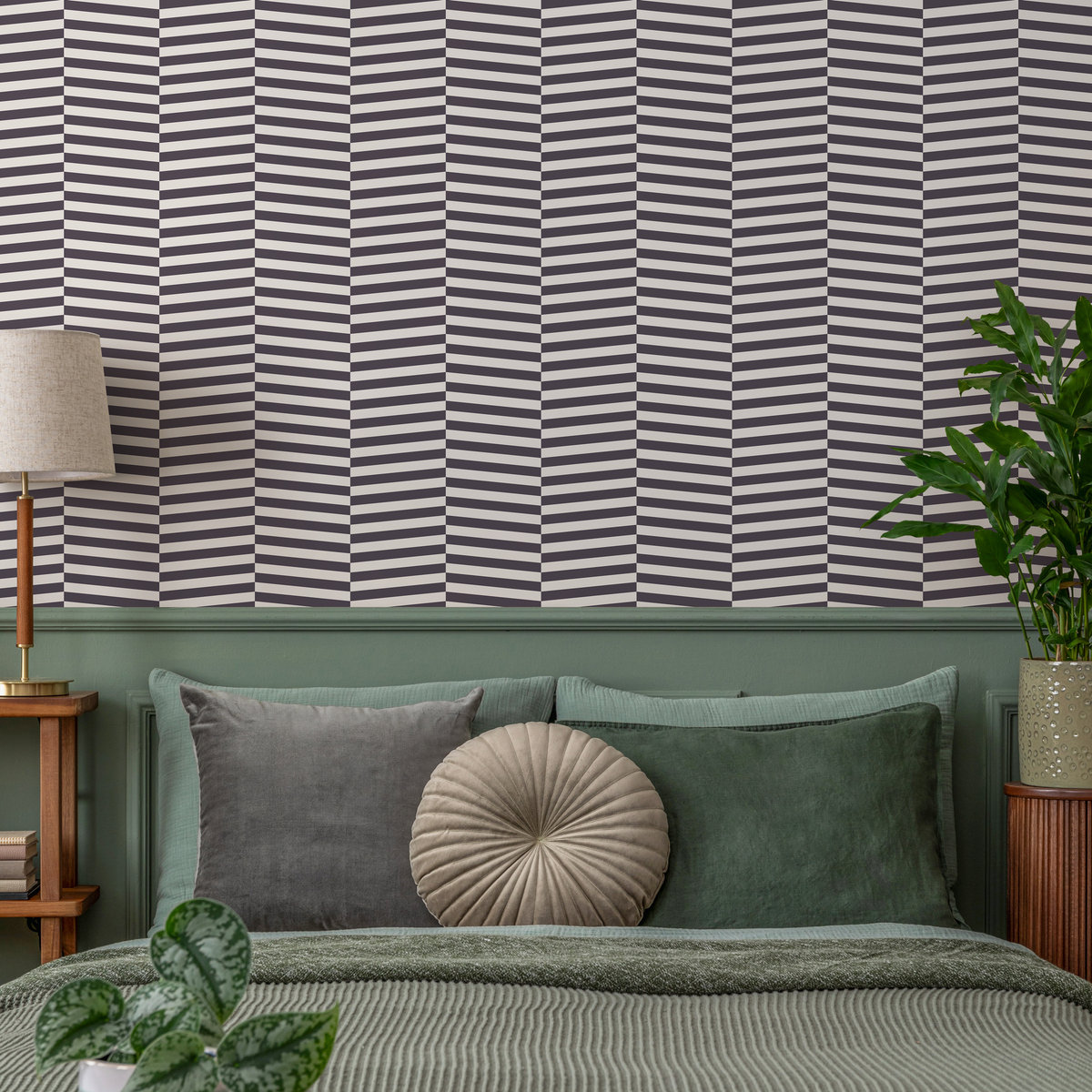 Geometric Wallpaper with an Optical Shifting Stripe Motif in Dark Mauve and Beige - detail view