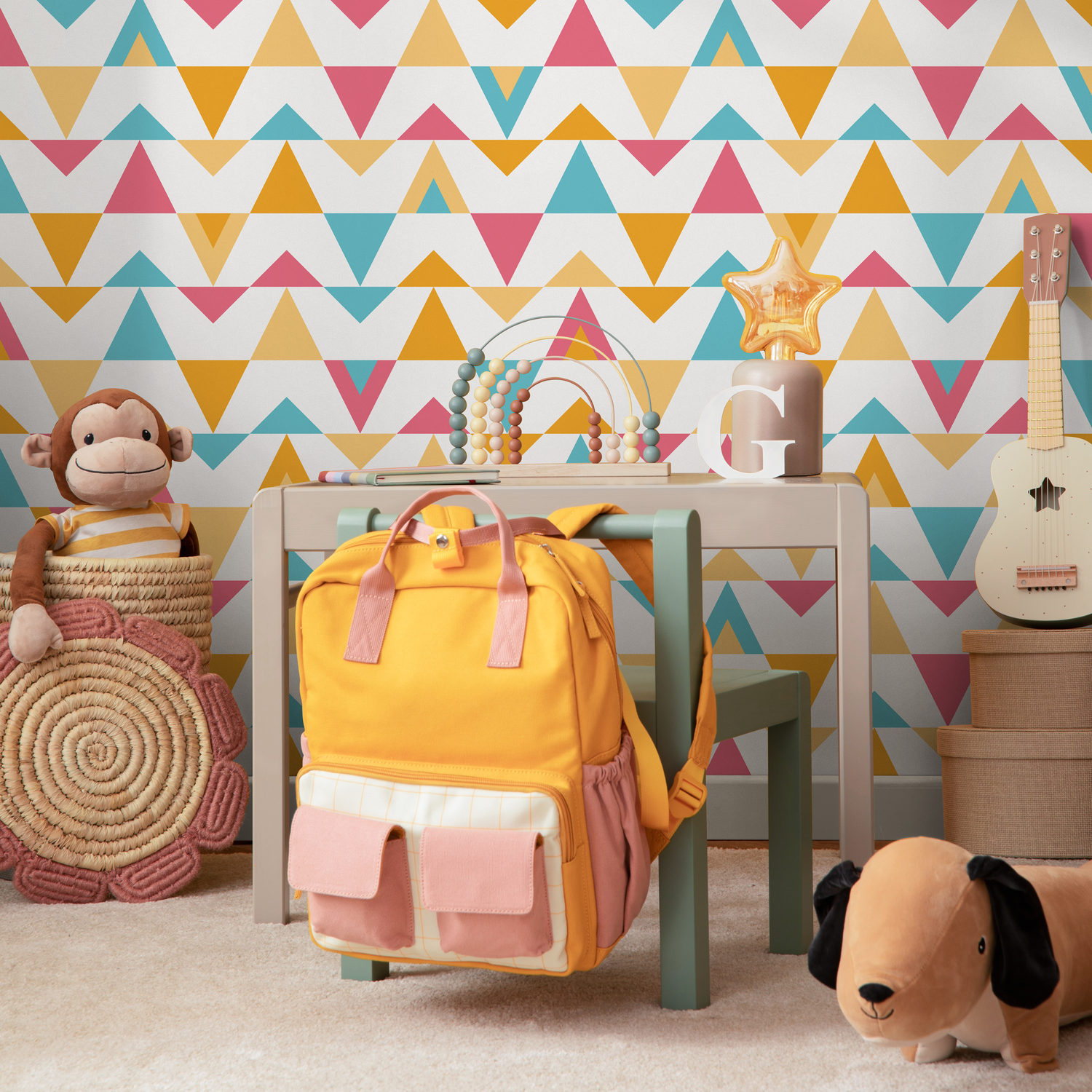 Geometric Wallpaper with a Triangle Pattern in Yellow, Pink, and Blue - D997