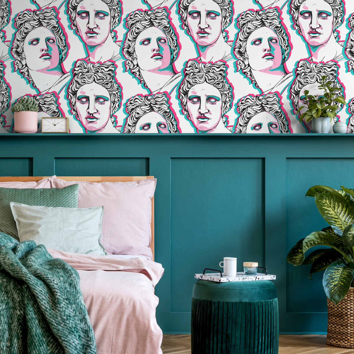 Classical Art Wallpaper with a Pop Art Glitch Effect in Pink, Cyan, and Black - detail view