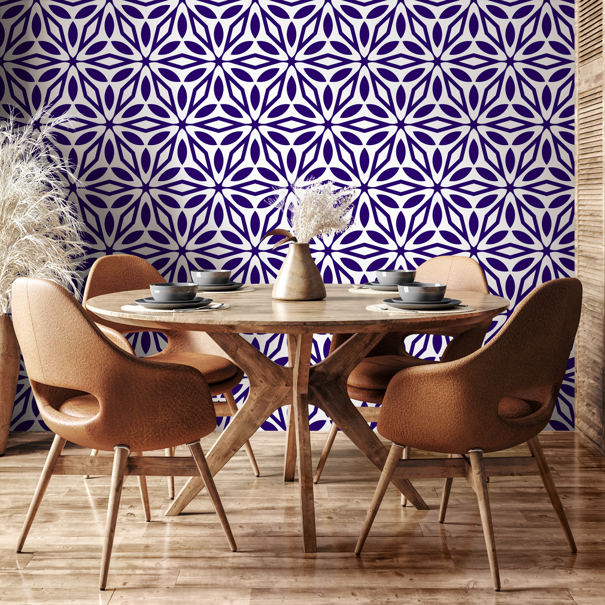 Geometric Wallpaper with a Repeating Starburst Motif in Purple - detail view
