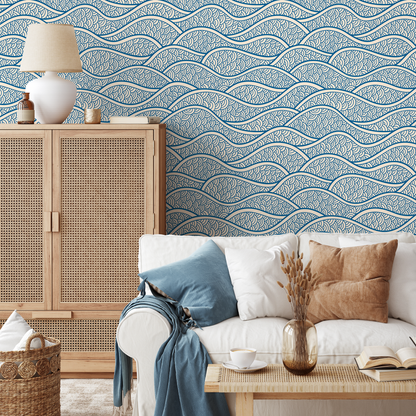 Removable Wallpaper Scandinavian Wallpaper Blue Waves Wallpaper Peel and Stick Wallpaper Wall Paper - E001