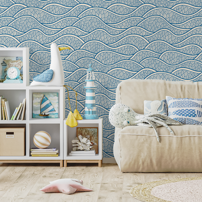 Removable Wallpaper Scandinavian Wallpaper Blue Waves Wallpaper Peel and Stick Wallpaper Wall Paper - E001