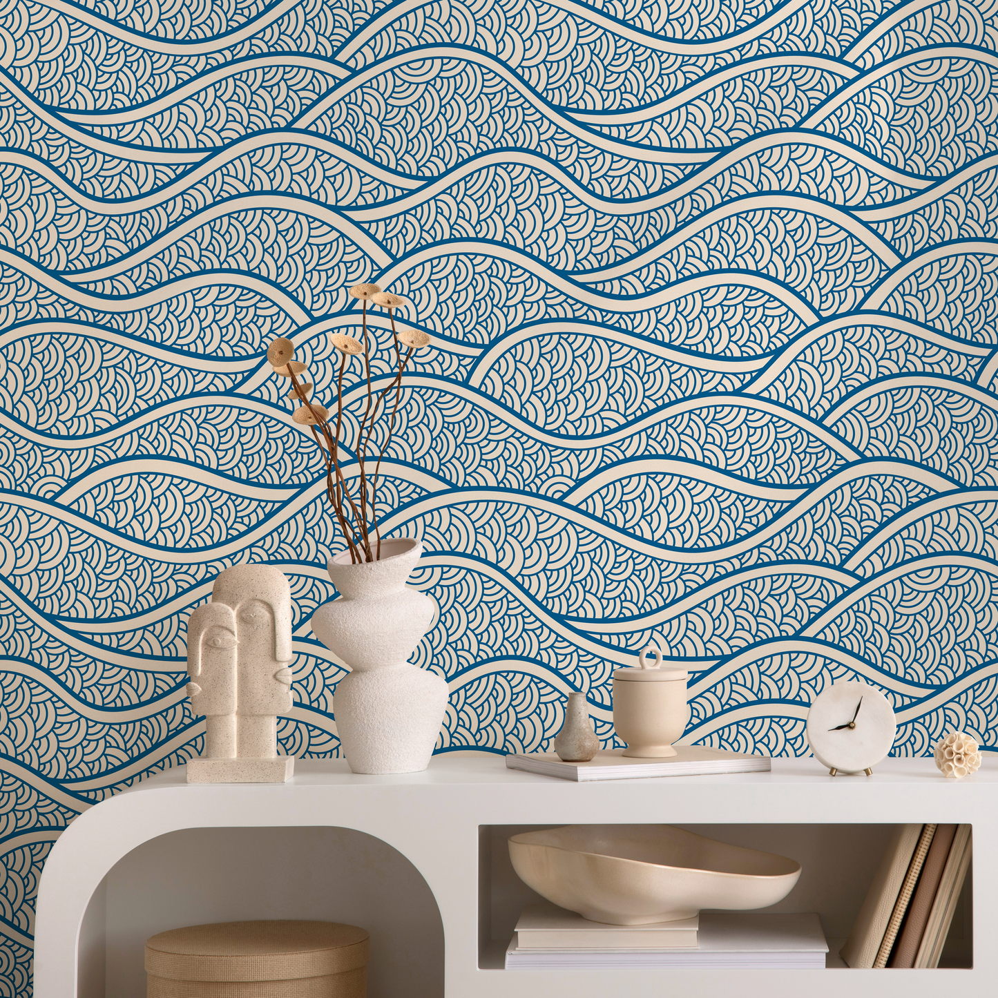 Removable Wallpaper Scandinavian Wallpaper Blue Waves Wallpaper Peel and Stick Wallpaper Wall Paper - E001