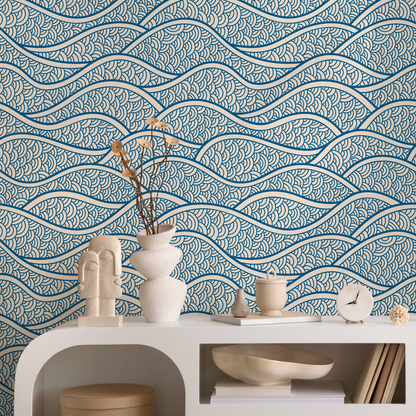 Removable Wallpaper Scandinavian Wallpaper Blue Waves Wallpaper Peel and Stick Wallpaper Wall Paper - E001