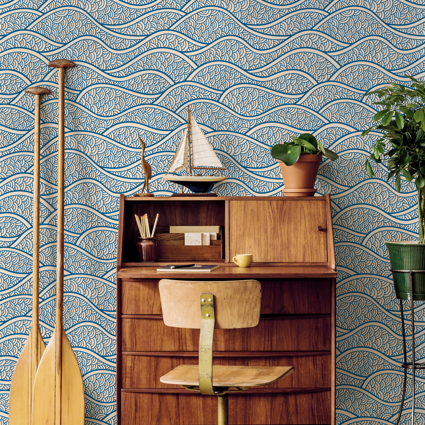 Removable Wallpaper Scandinavian Wallpaper Blue Waves Wallpaper Peel and Stick Wallpaper Wall Paper - E001