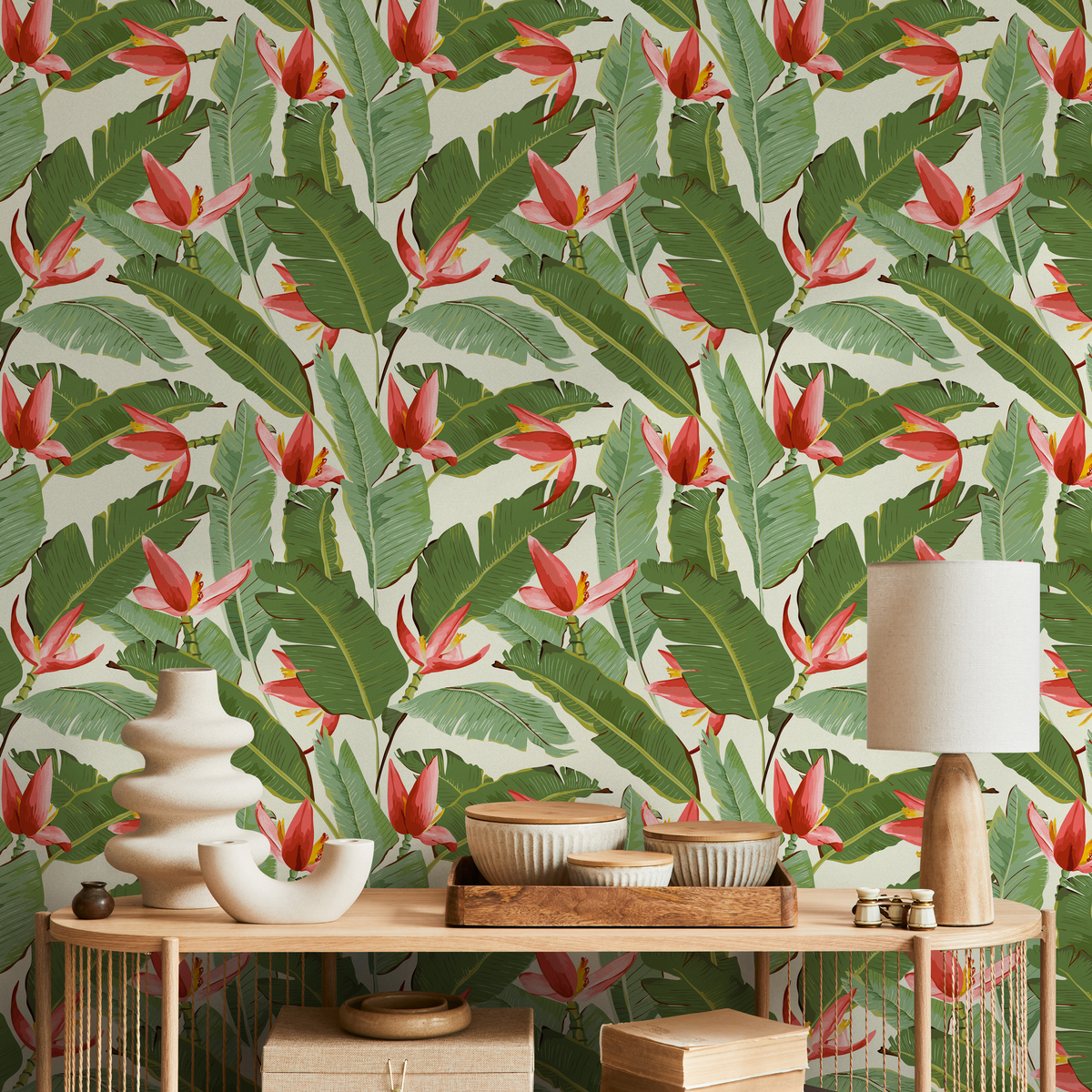 Tropical Wallpaper with Red Heliconia Flowers and Banana Leaves - detail view