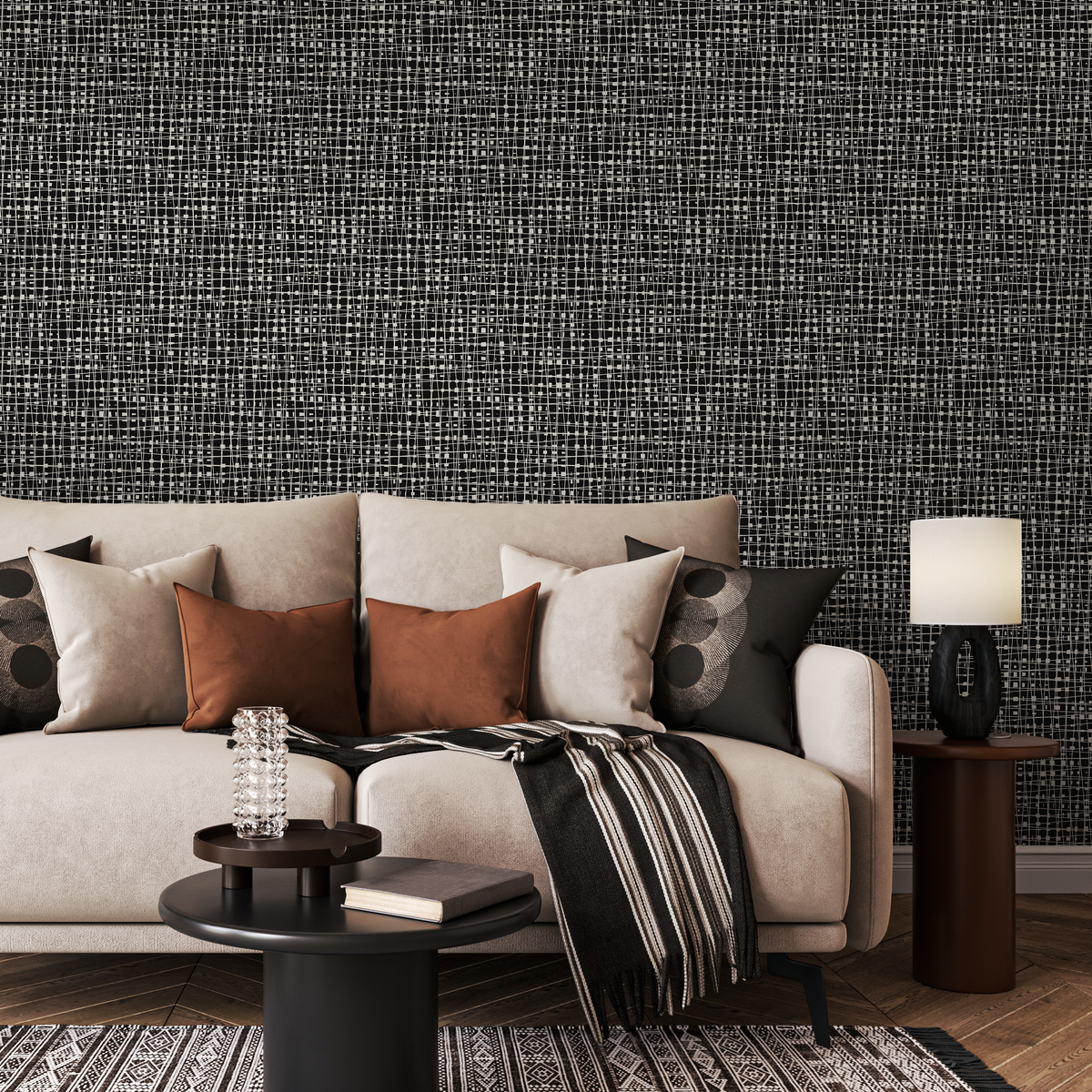 Abstract Wallpaper with an Irregular Grid Motif in Black and Cream - detail view