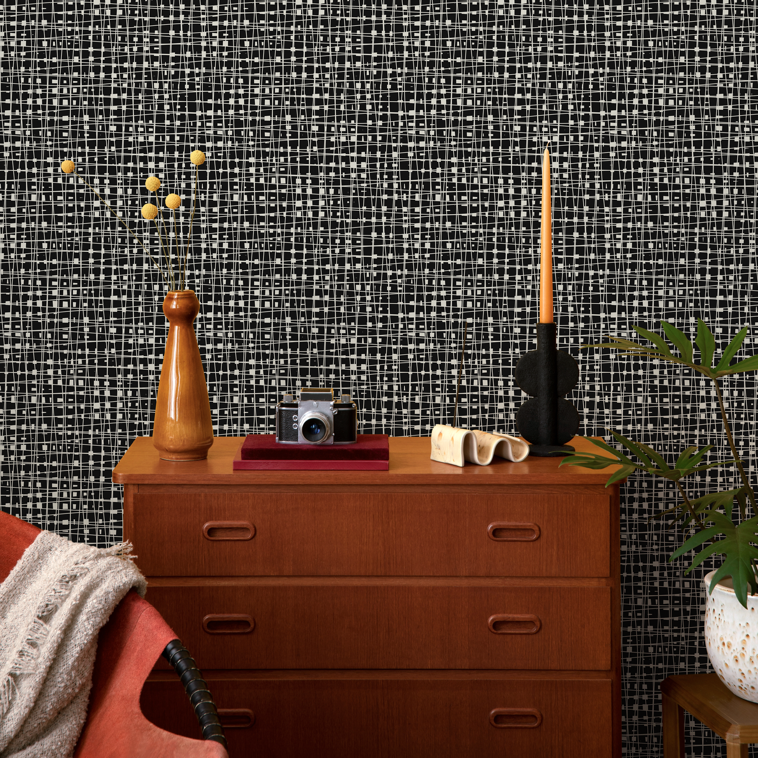 Abstract Wallpaper with an Irregular Grid Motif in Black and Cream - E033