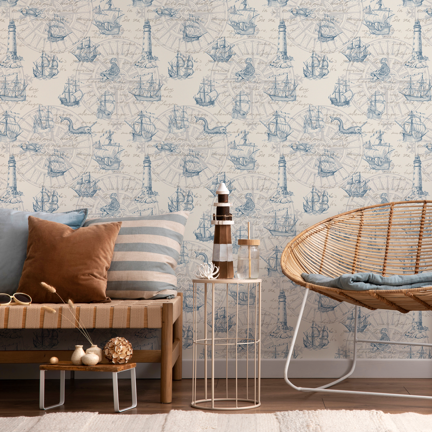 Nautical Wallpaper with Vintage Ships and Sea Monsters in Blue and Beige - E045