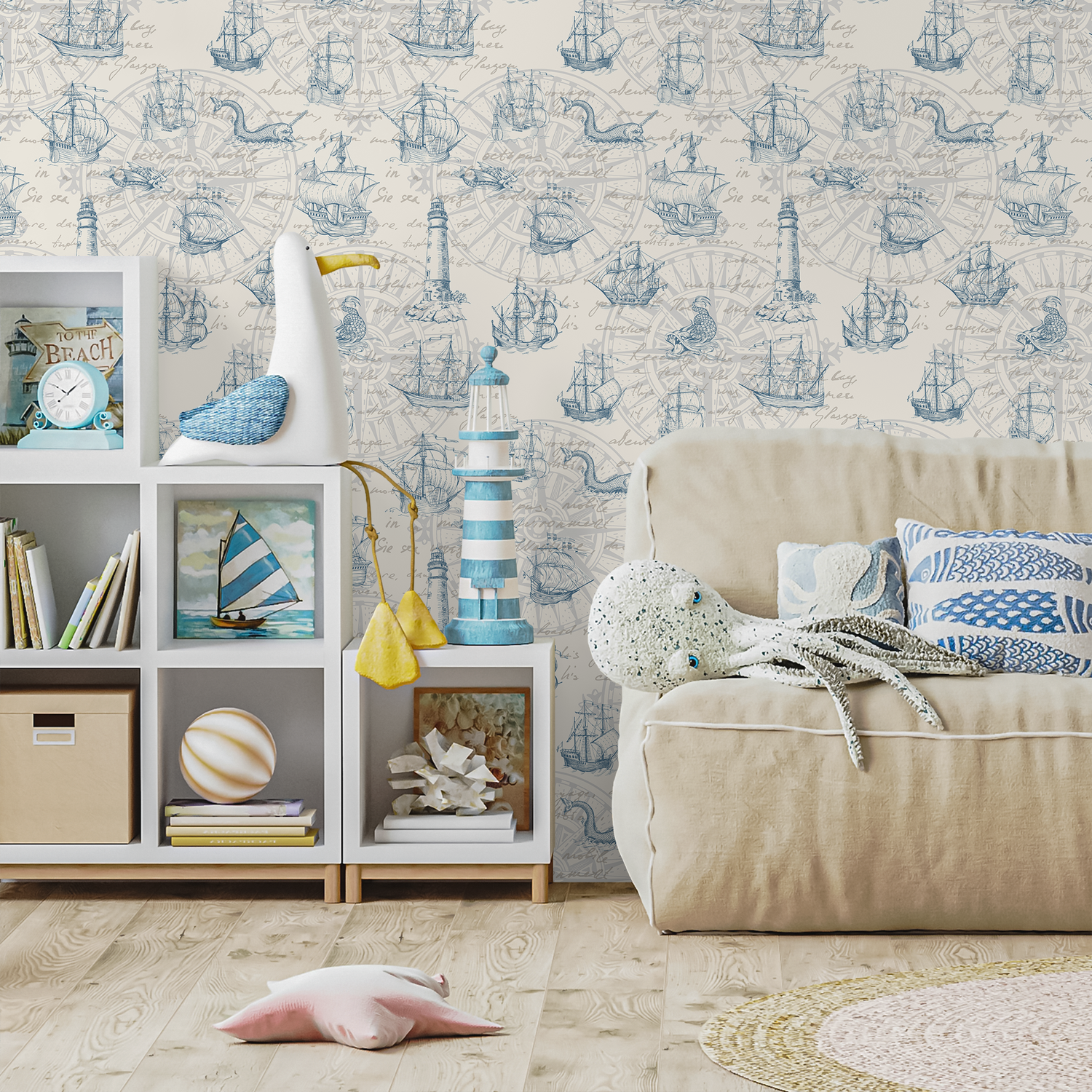 Nautical Wallpaper with Vintage Ships and Sea Monsters in Blue and Beige - E045
