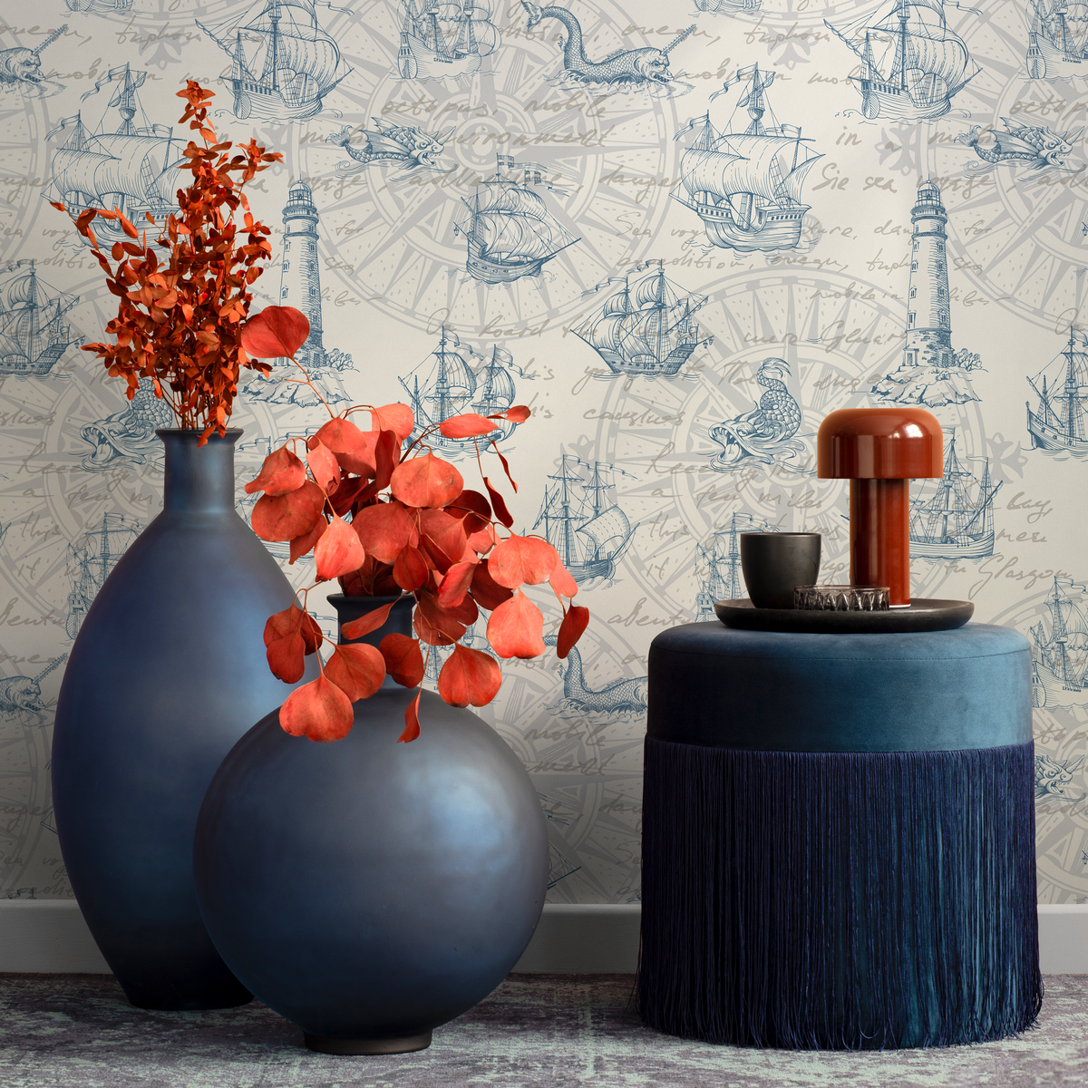Nautical Wallpaper with Vintage Ships and Sea Monsters in Blue and Beige - detail view