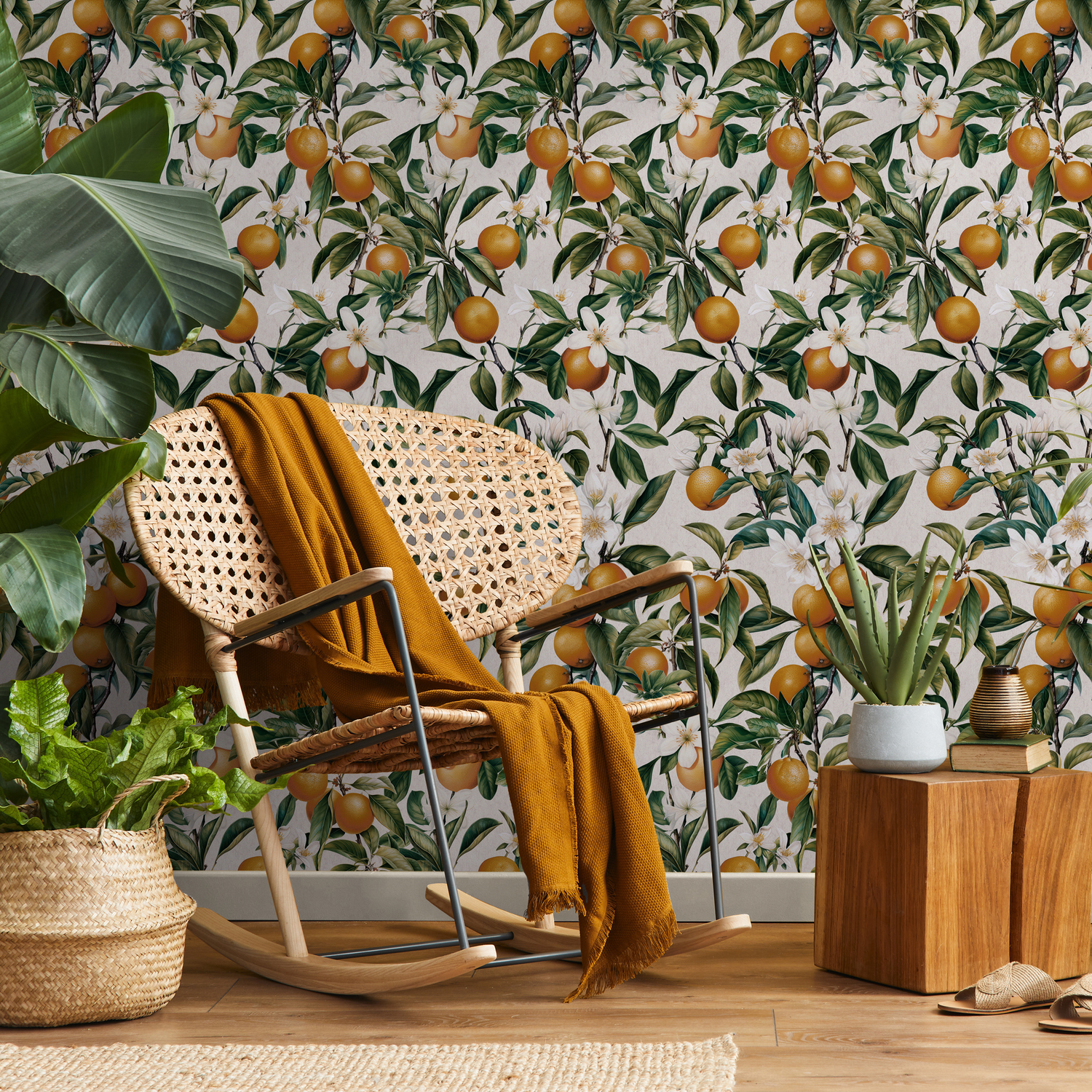 Botanical Wallpaper with Vintage Oranges and Blossoms in Orange and Green - E106 C