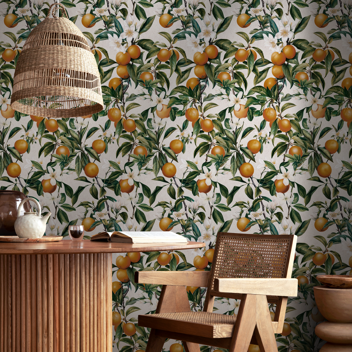 Botanical Wallpaper with Vintage Oranges and Blossoms in Orange and Green - detail view