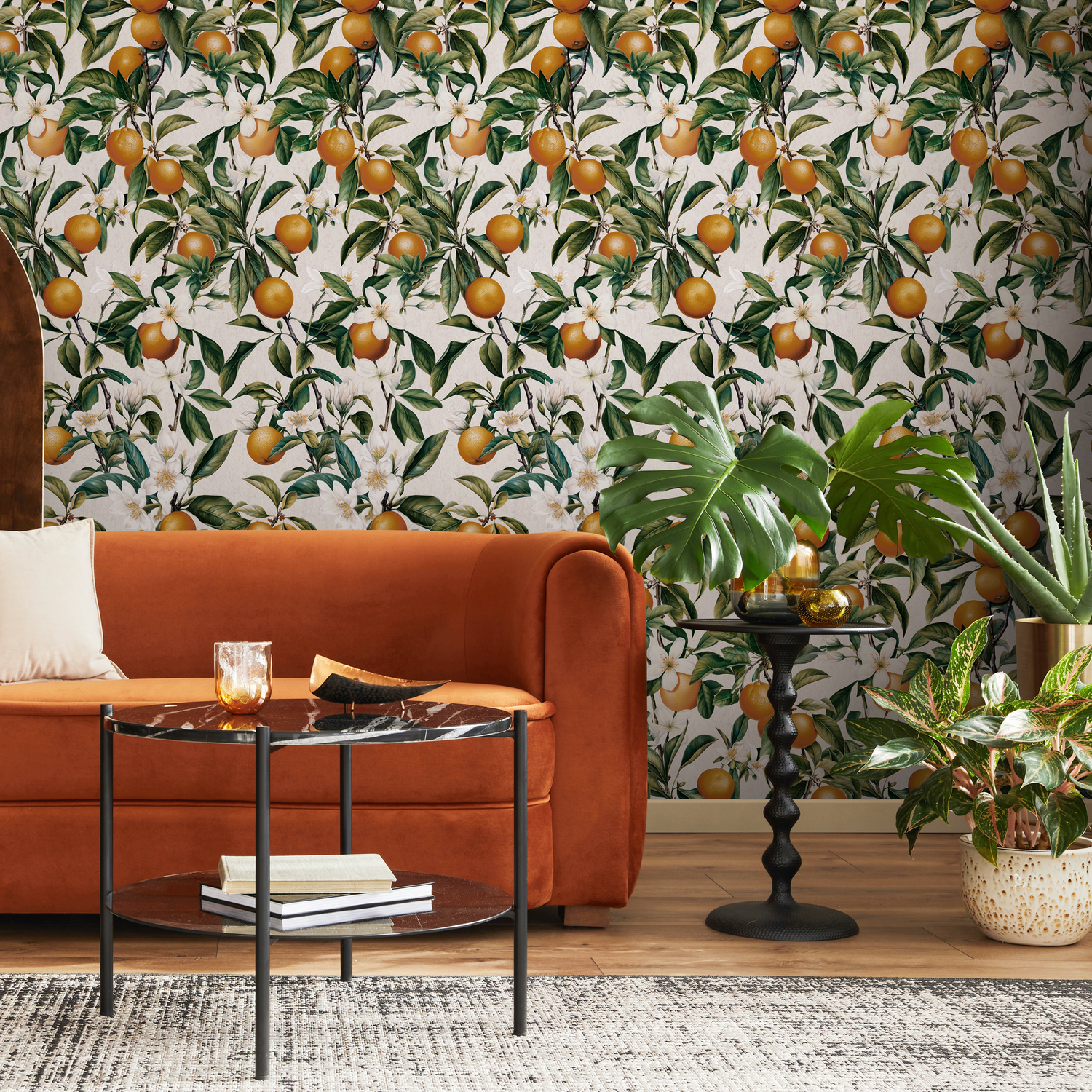 Botanical Wallpaper with Vintage Oranges and Blossoms in Orange and Green - E106 C