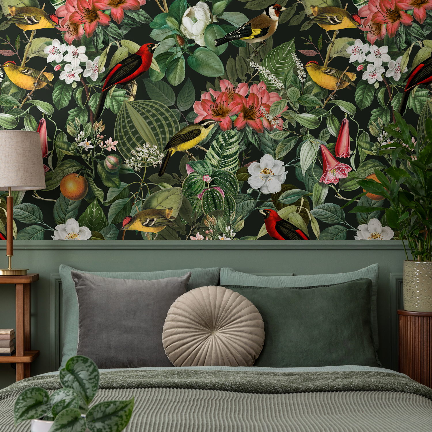 Vintage Wallpaper with Exotic Birds and Lush Greenery in Red, Yellow, and Green - E107 A