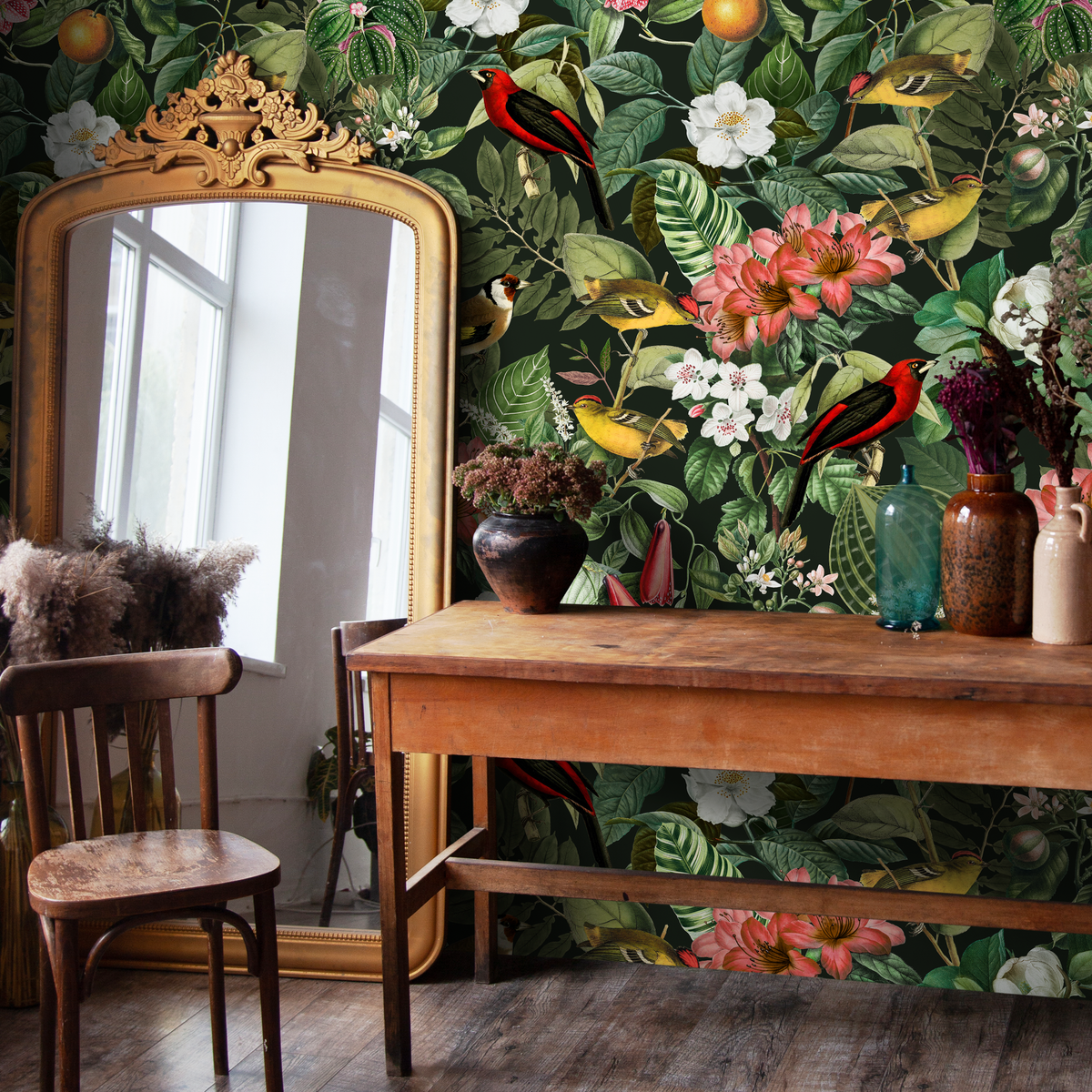 Vintage Wallpaper with Exotic Birds and Lush Greenery in Red, Yellow, and Green - detail view