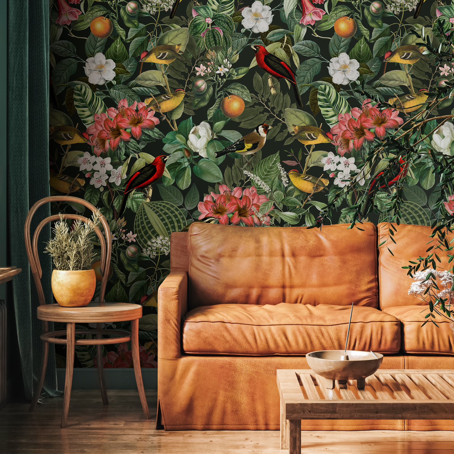 Vintage Wallpaper with Exotic Birds and Lush Greenery in Red, Yellow, and Green - E107 A
