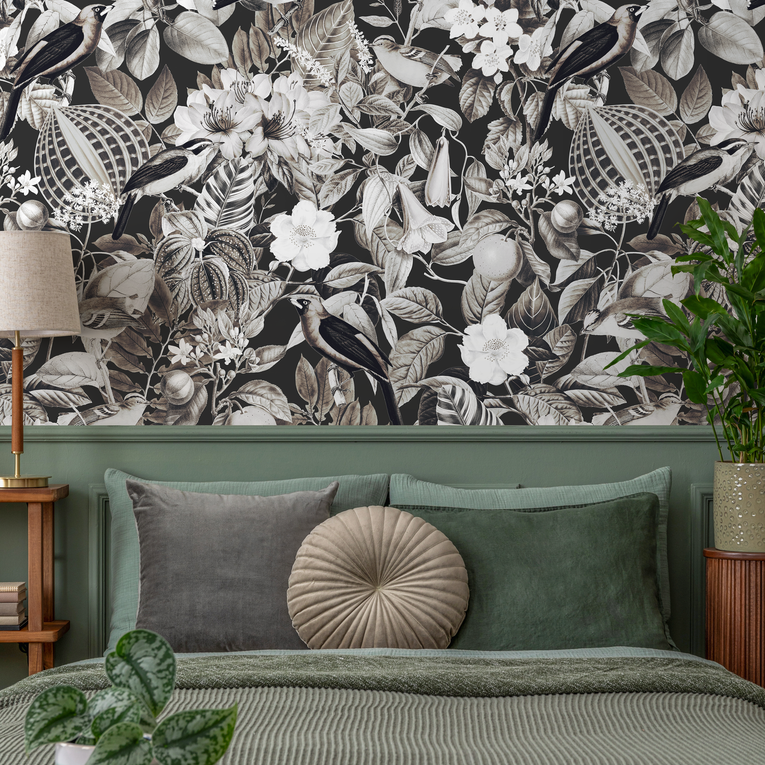 Botanical Wallpaper featuring Vintage Birds and Florals in Black and Greige - E108 B