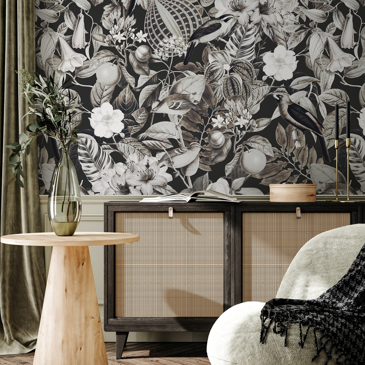Botanical Wallpaper featuring Vintage Birds and Florals in Black and Greige - detail view
