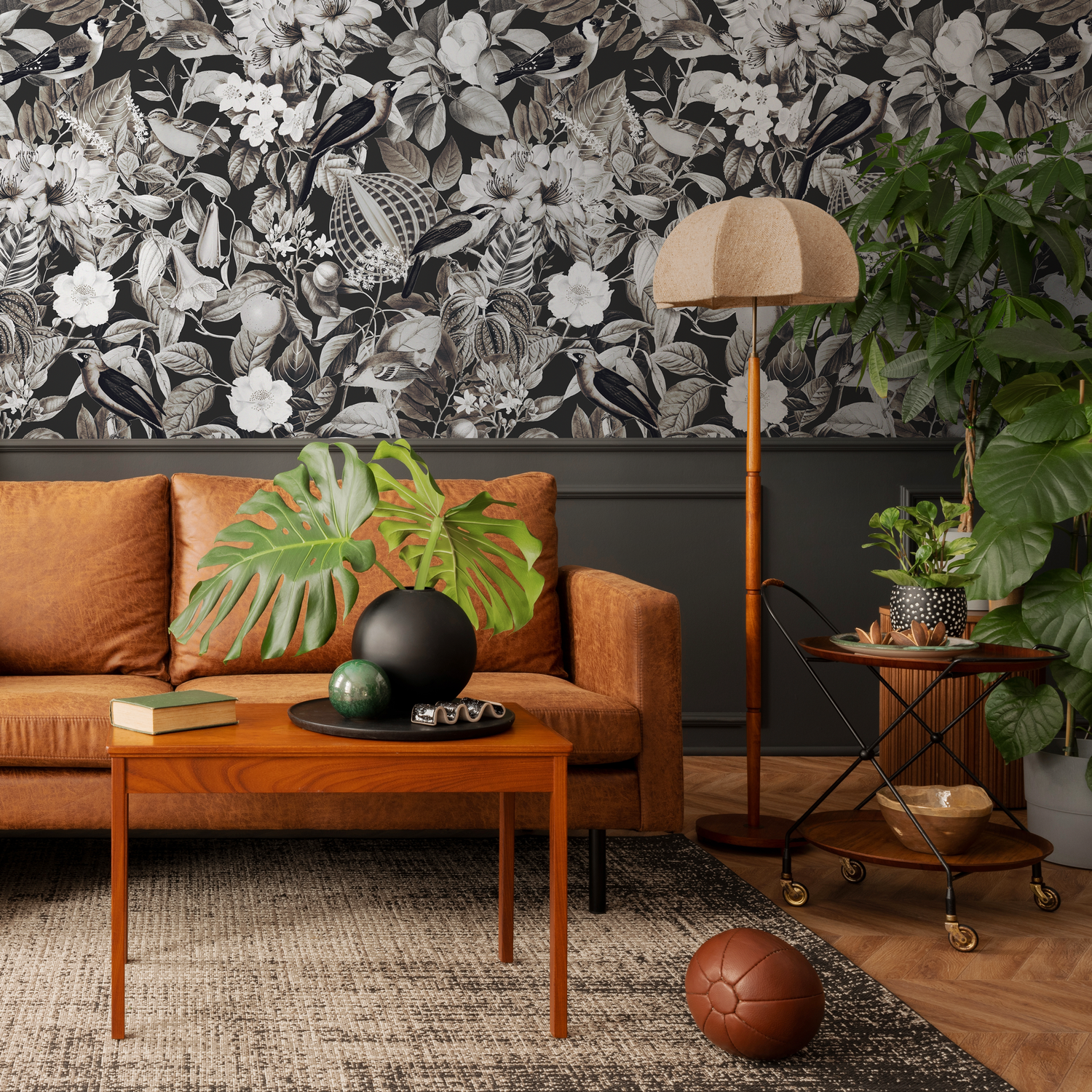 Botanical Wallpaper featuring Vintage Birds and Florals in Black and Greige - E108 B