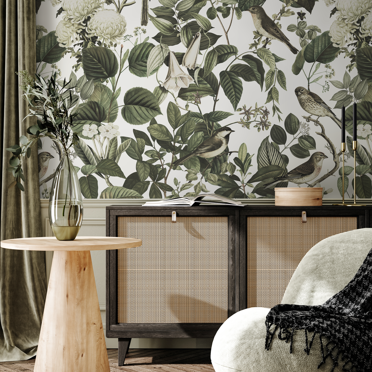 Botanical Wallpaper Featuring Vintage Birds and Blooms in Green and White - detail view