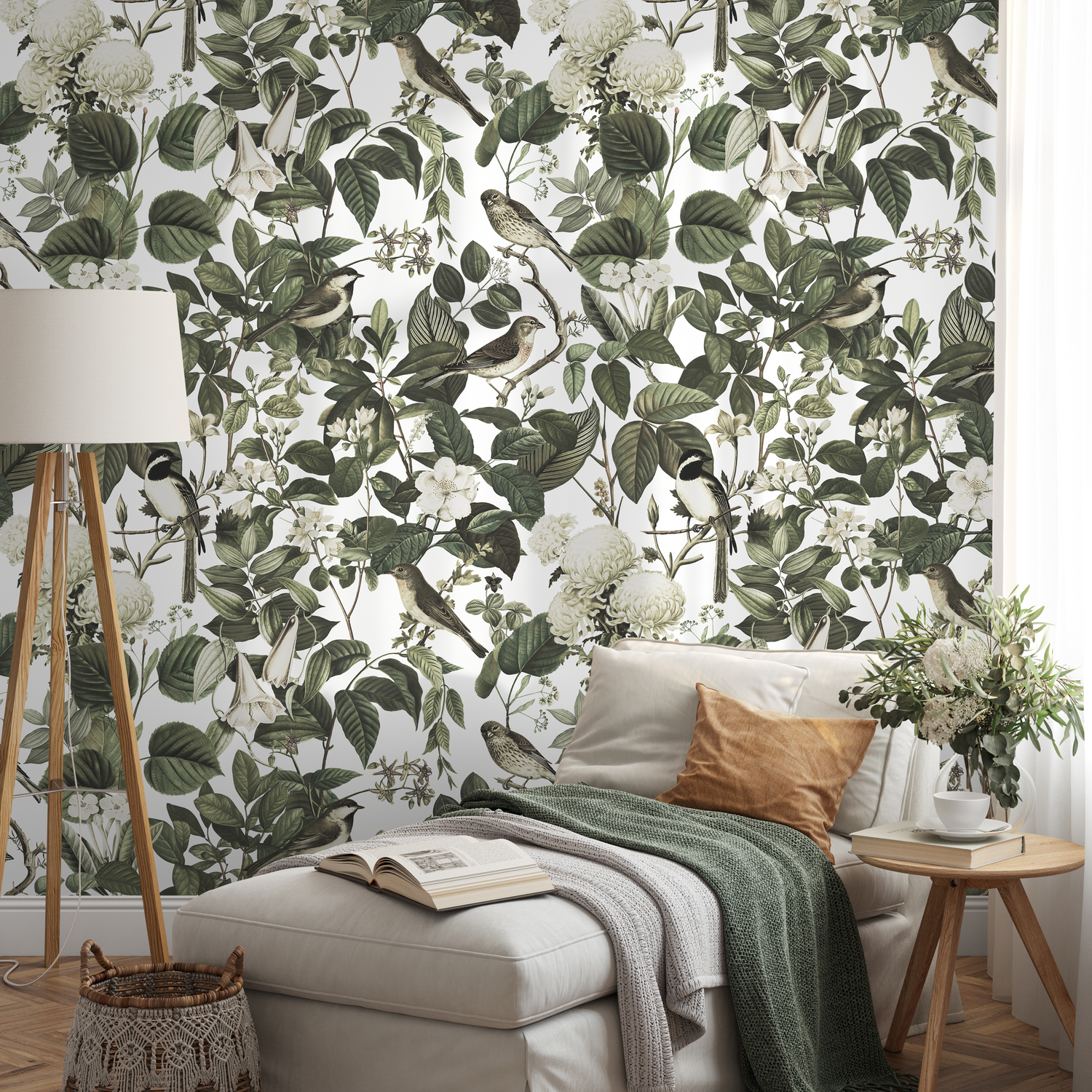 Botanical Wallpaper Featuring Vintage Birds and Blooms in Green and White - E109 A
