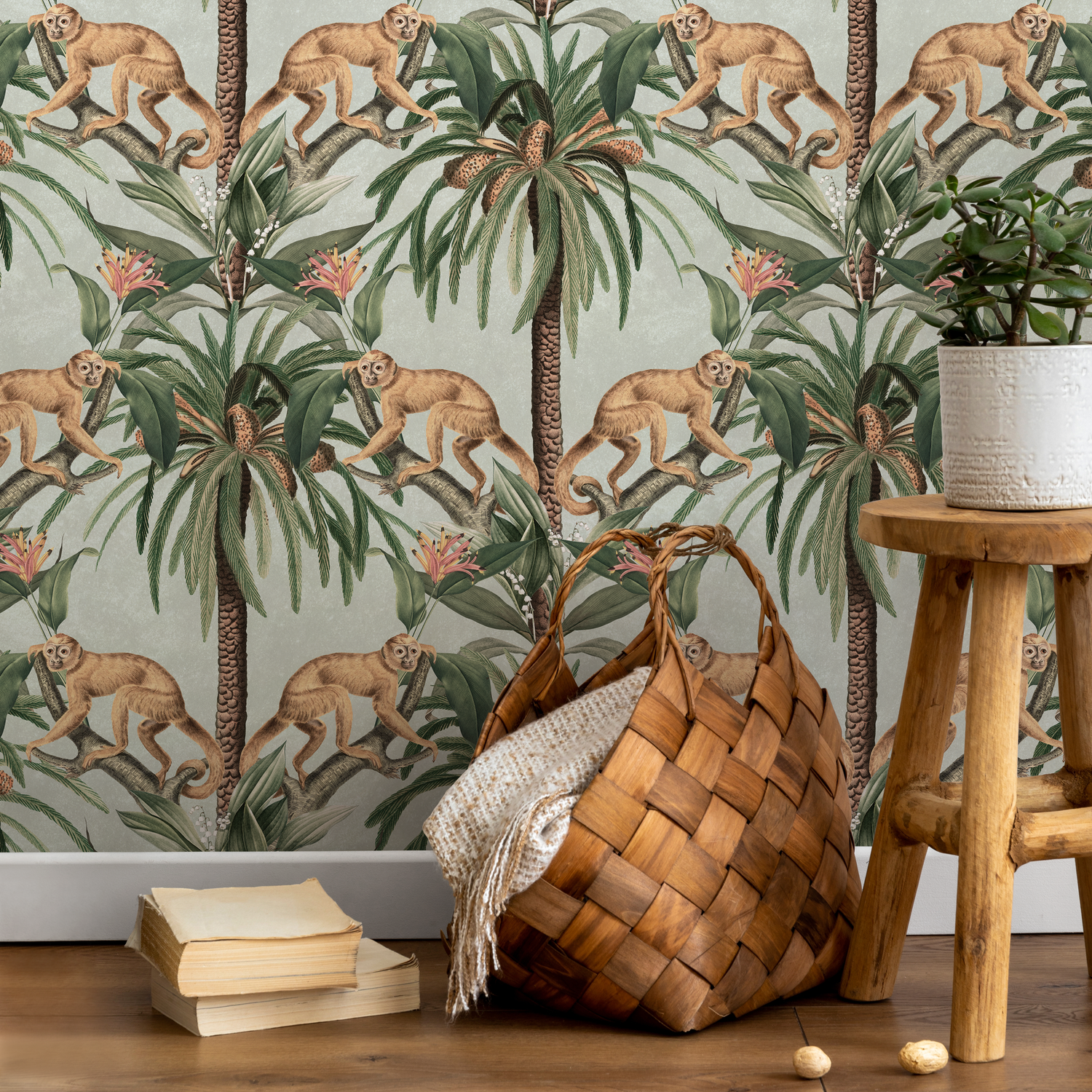 Botanical Wallpaper with a Vintage Monkey and Palm Tree Motif in Green, Brown, and Pink - E340